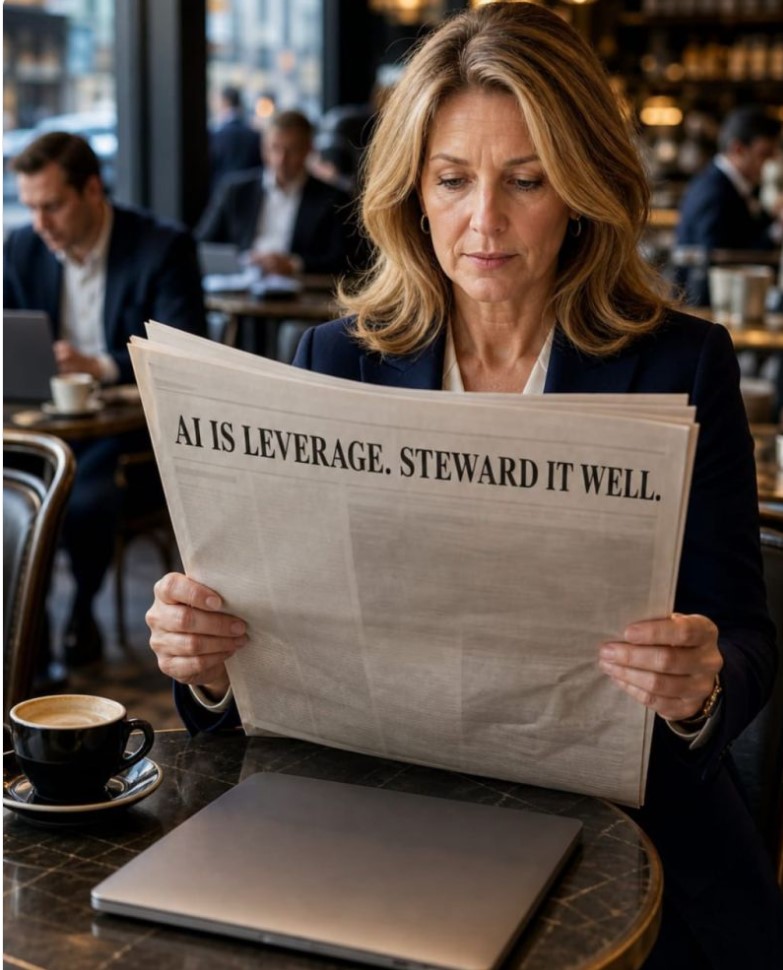 Marketing professional reading a newspaper with the headline: AI is leverage. Steward it well. — reflecting NRM's responsible AI advisory approach.